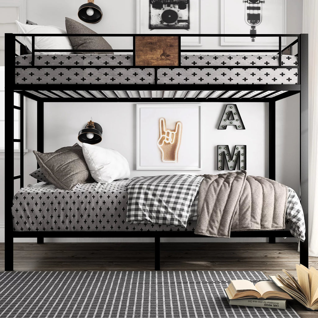 Black Twin Over Twin Metal Bunk Bed Frame with Stairs O93234