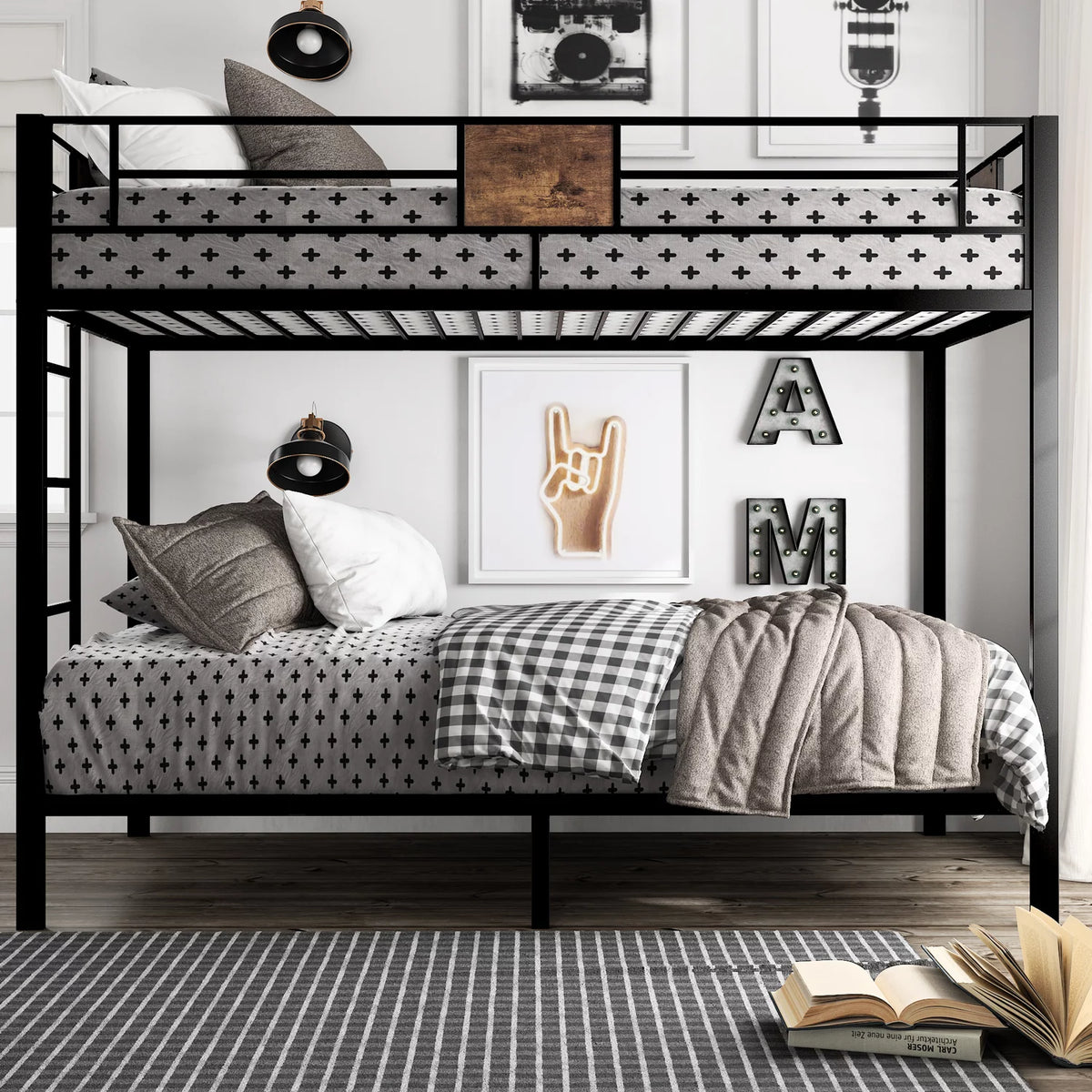 Black Twin Over Twin Metal Bunk Bed Frame with Stairs O93234