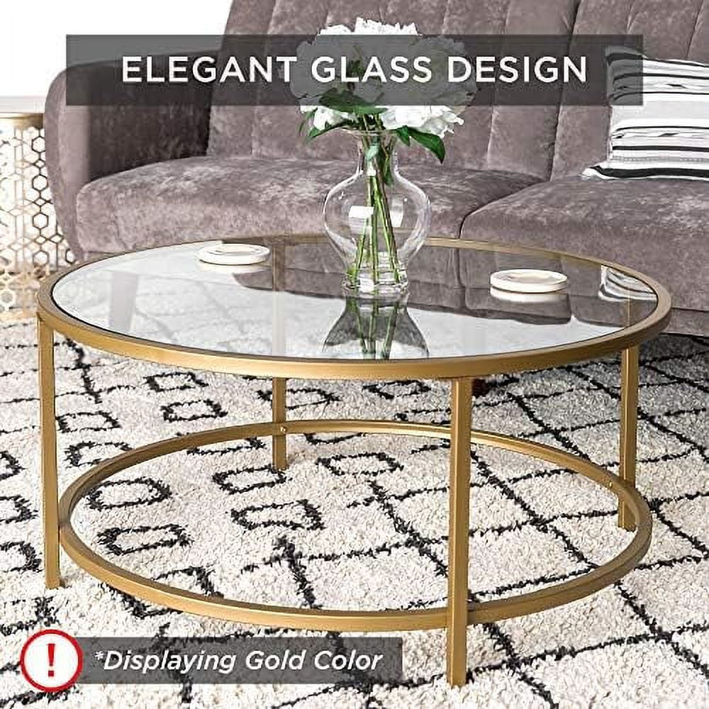 36in Round Tempered Glass Coffee Table with Metal Frame O829718