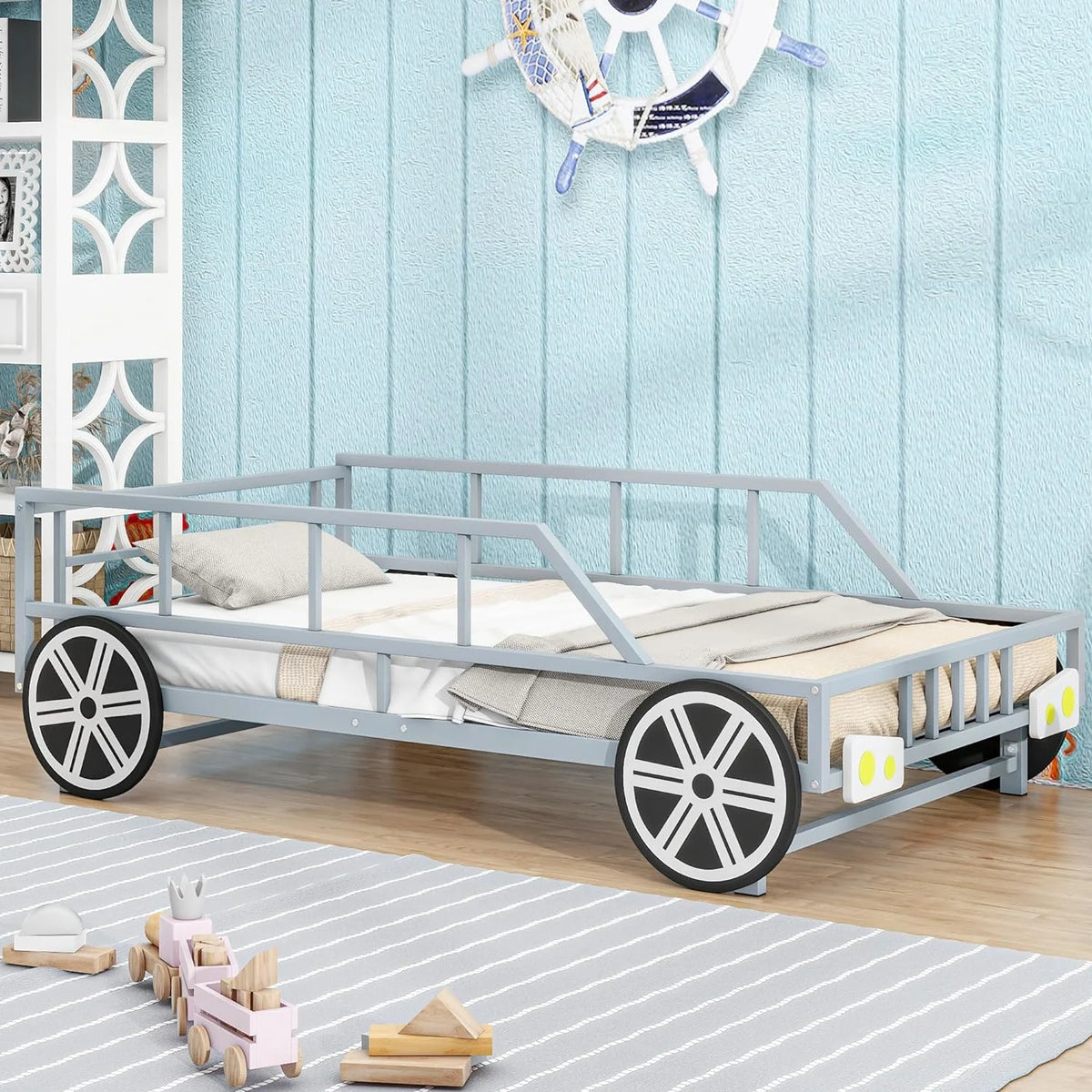 Metal Car-Shaped Platform Bed with Wheels and Guardrails K5392