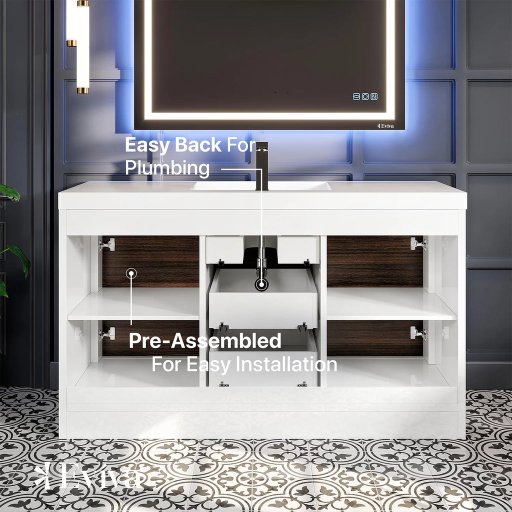 60 in. Gray Oak and White Bathroom Vanity with White Acrylic Countertop I1878