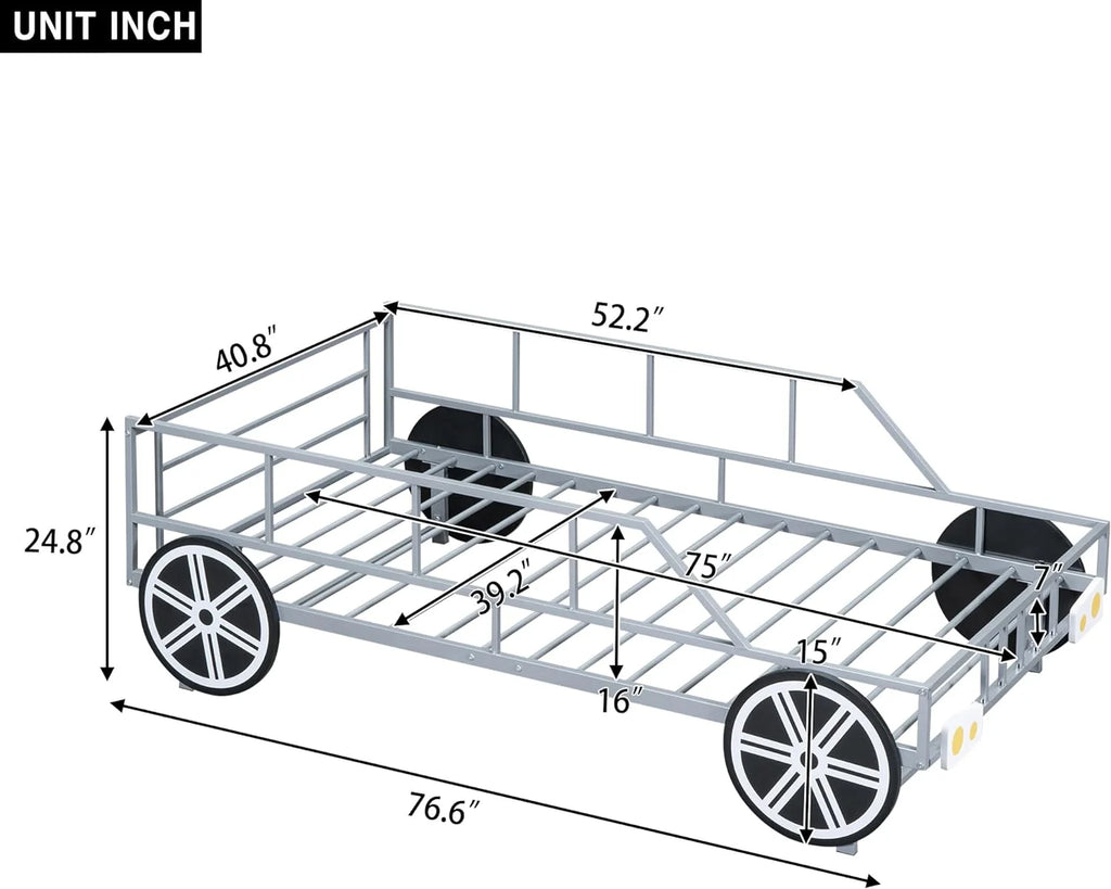 Metal Car-Shaped Platform Bed with Wheels and Guardrails K5392