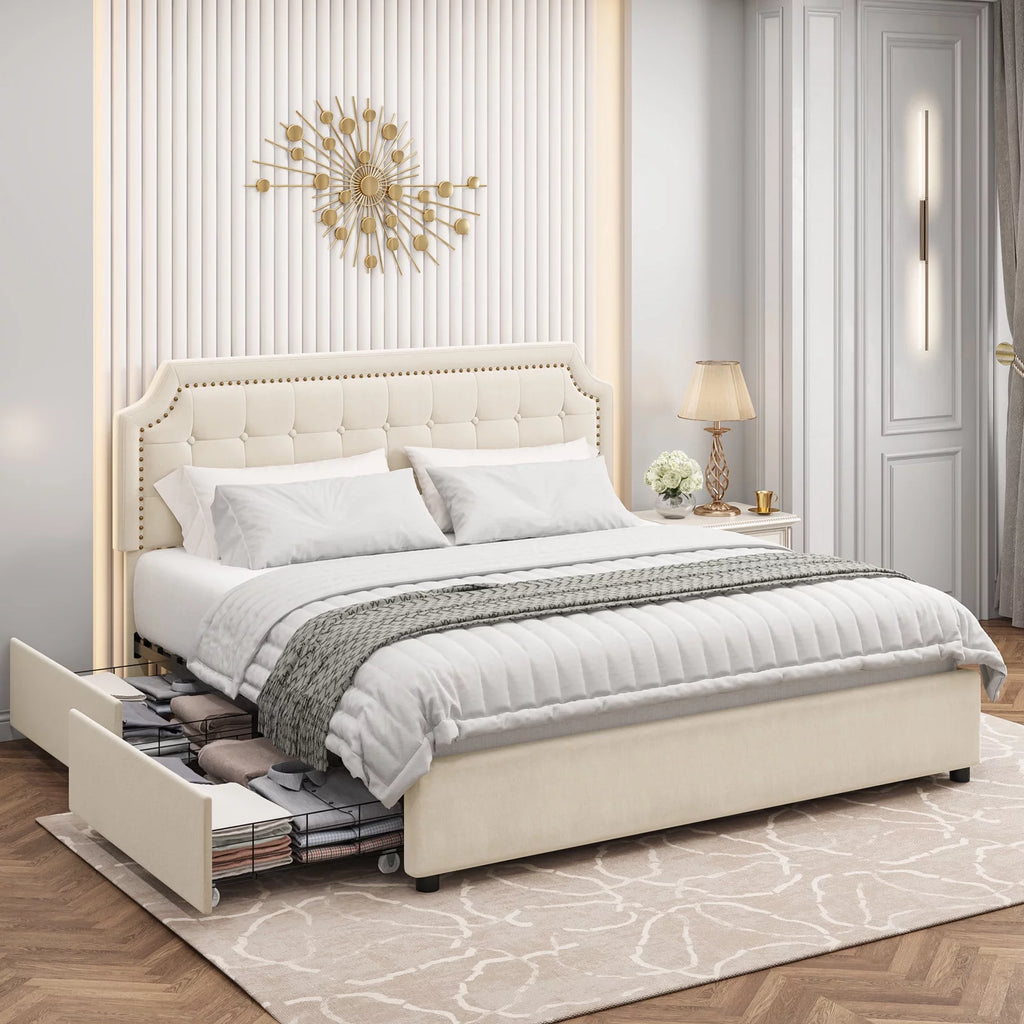 Queen Size 4 Drawer Black PU Leather Platform Bed Q263