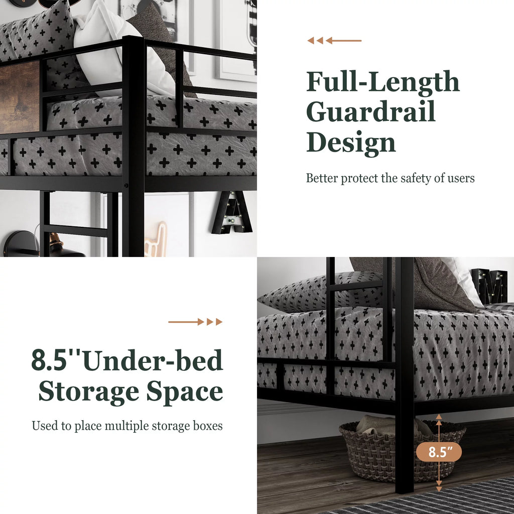 Black Twin Over Twin Metal Bunk Bed Frame with Stairs O93234