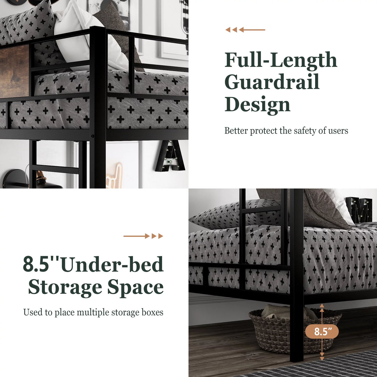 Black Twin Over Twin Metal Bunk Bed Frame with Stairs O93234