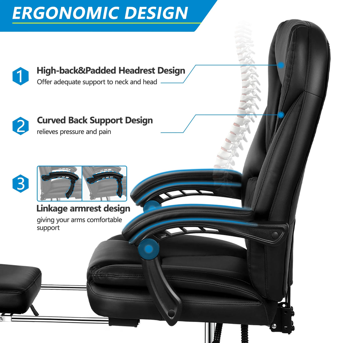 Big and Tall Black Leather Reclining Office Chair with Foot Rest M291