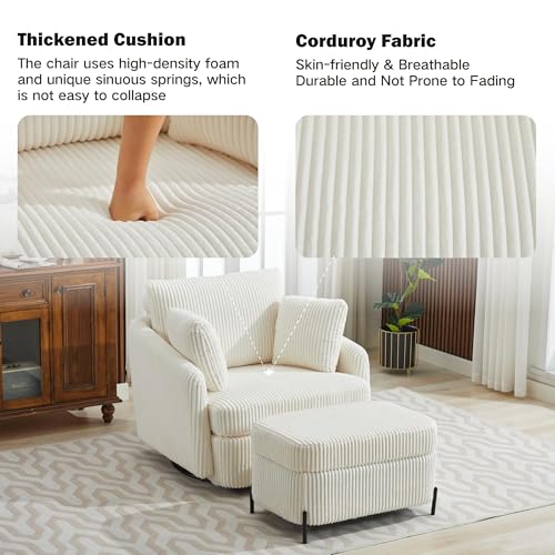 Oversized Swivel Accent Chair with Ottoman, Corduroy, Gray D72676