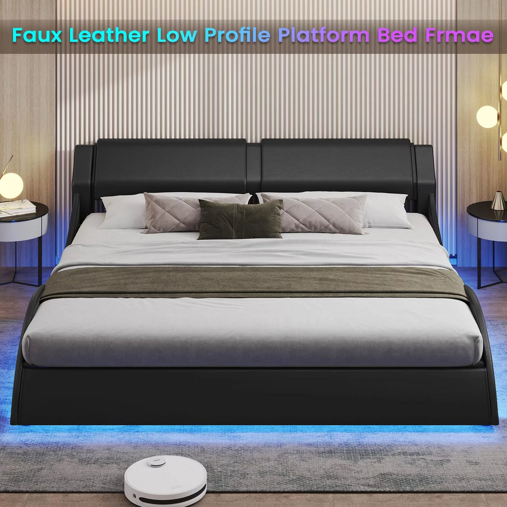 King Size Faux Leather Platform Bed Frame with Headboard and LED Lights C3901