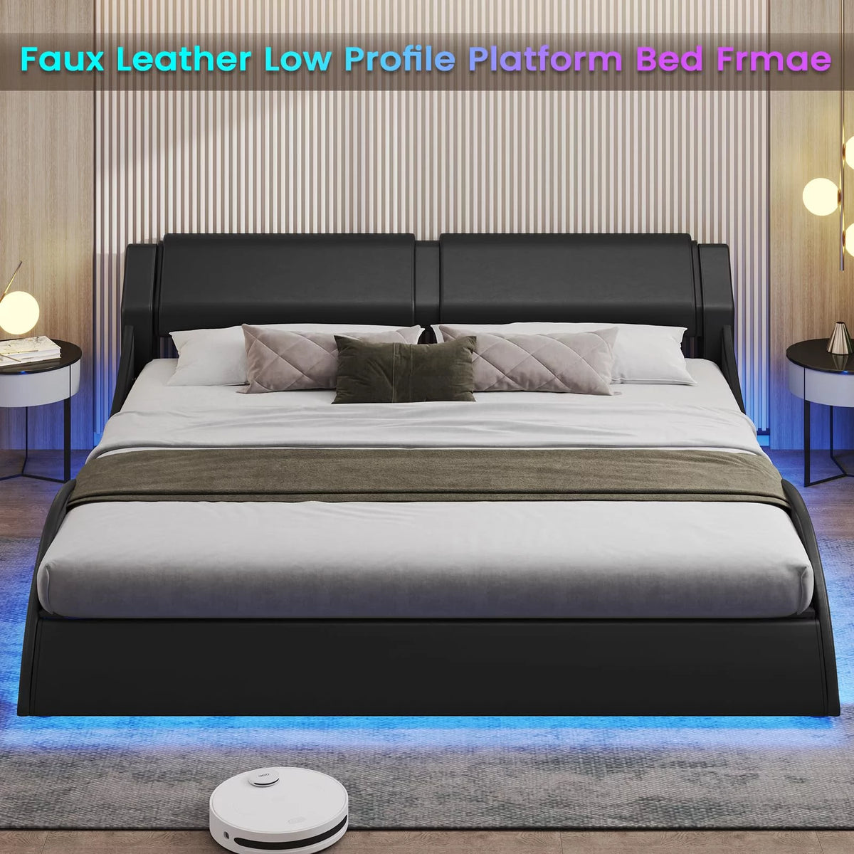 King Size Faux Leather Platform Bed Frame with Headboard and LED Lights C3901