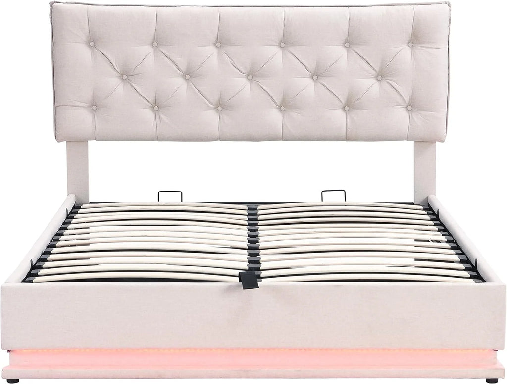 Queen Size Upholstered Lift Up Storage LED Bed with Tufted Headboard Beige Linen I42322
