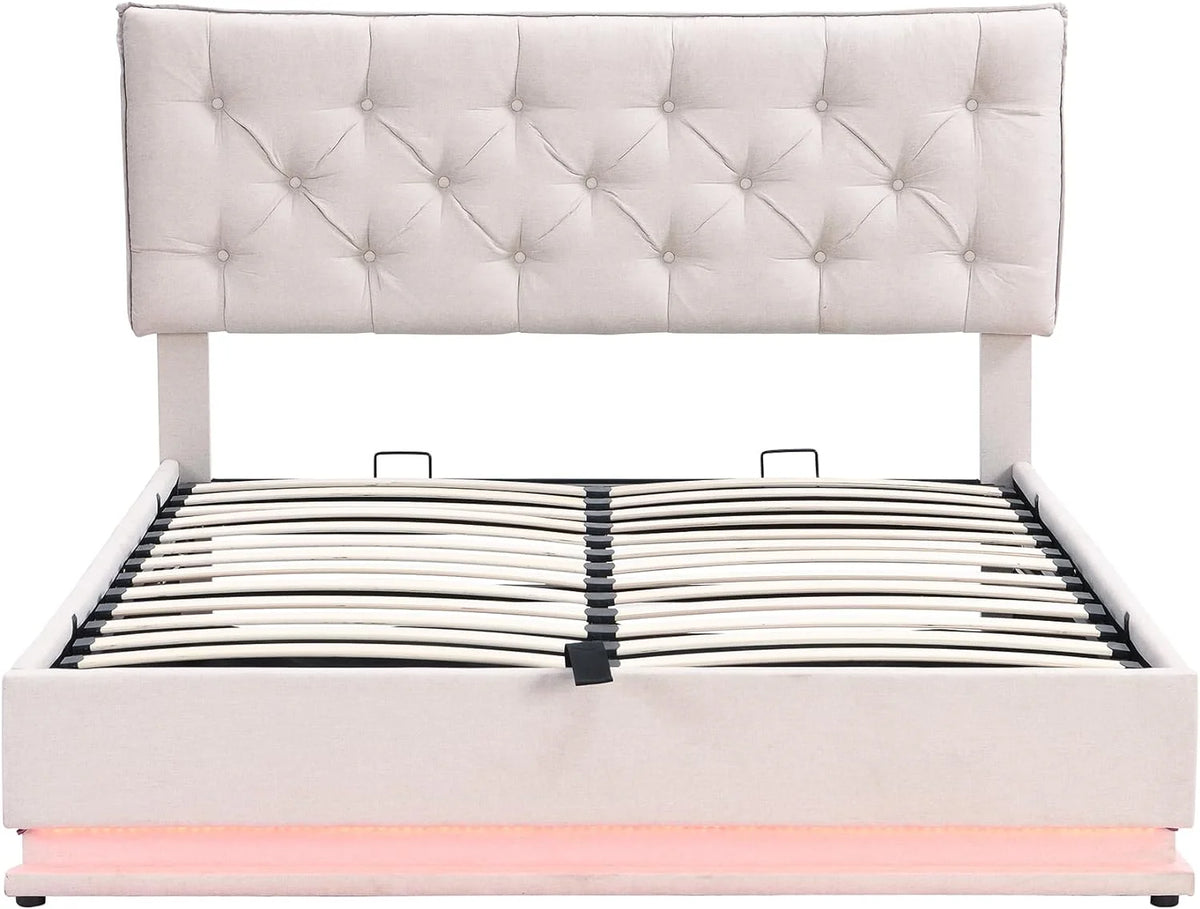 Queen Size Upholstered Lift Up Storage LED Bed with Tufted Headboard Beige Linen I42322