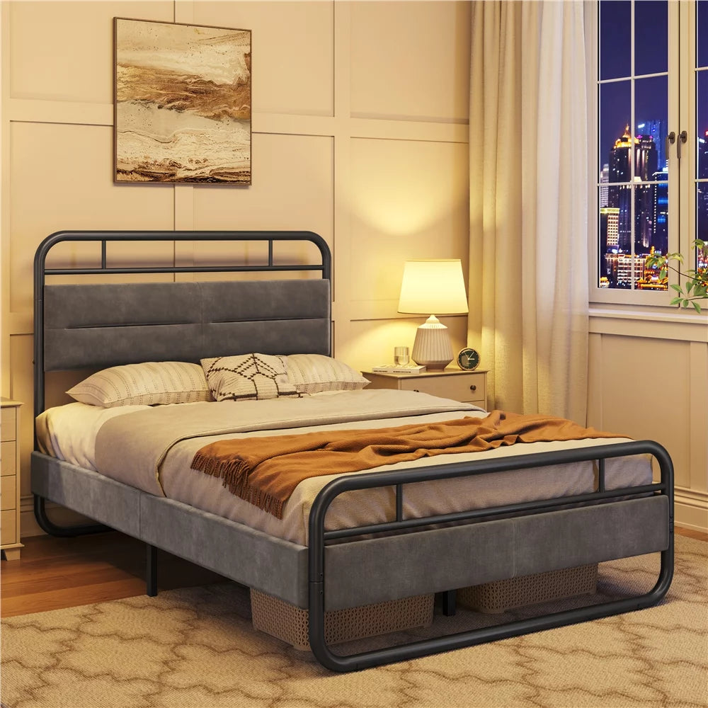 Queen Size Metal Platform Bed with Velvet Upholstered Headboard B812