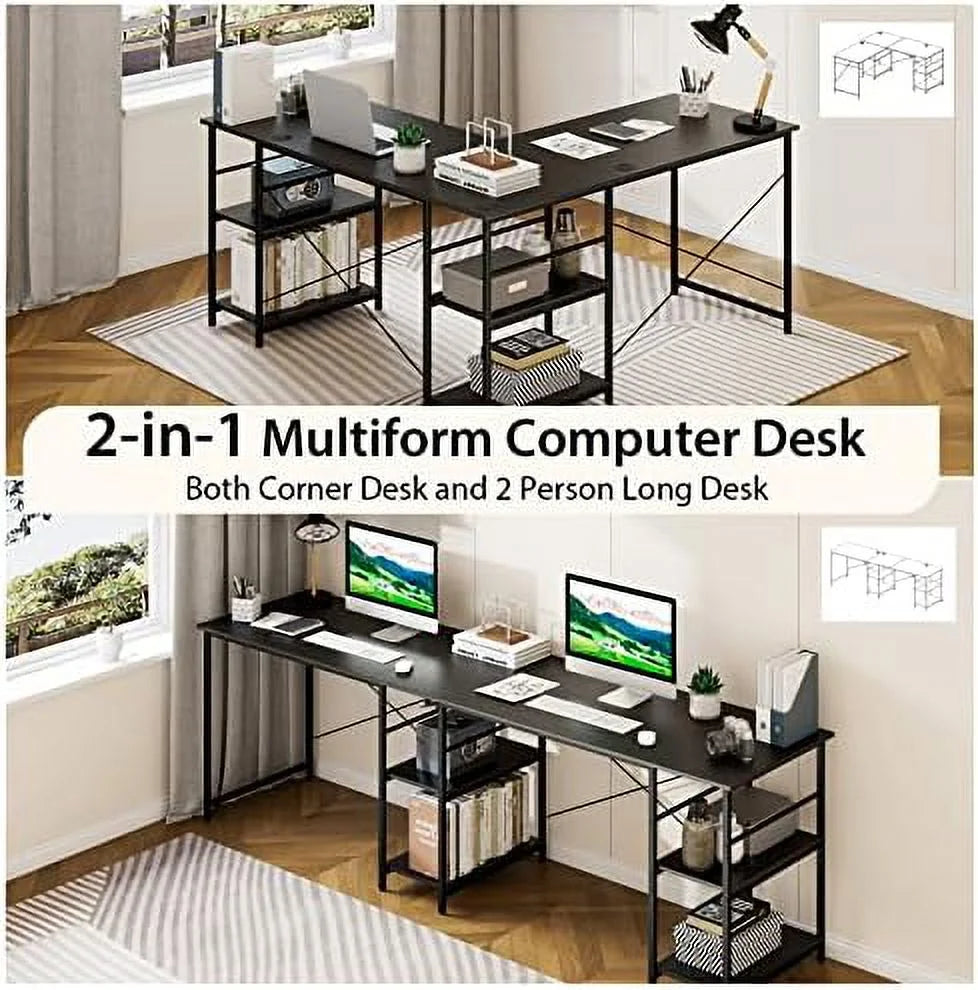 L Shaped Wooden Desk with Shelves F519