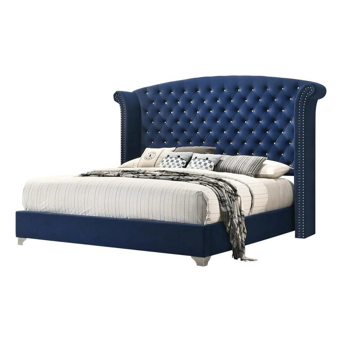 Eastern King Wingback Velvet Upholstered Bed Pacific Blue O4503