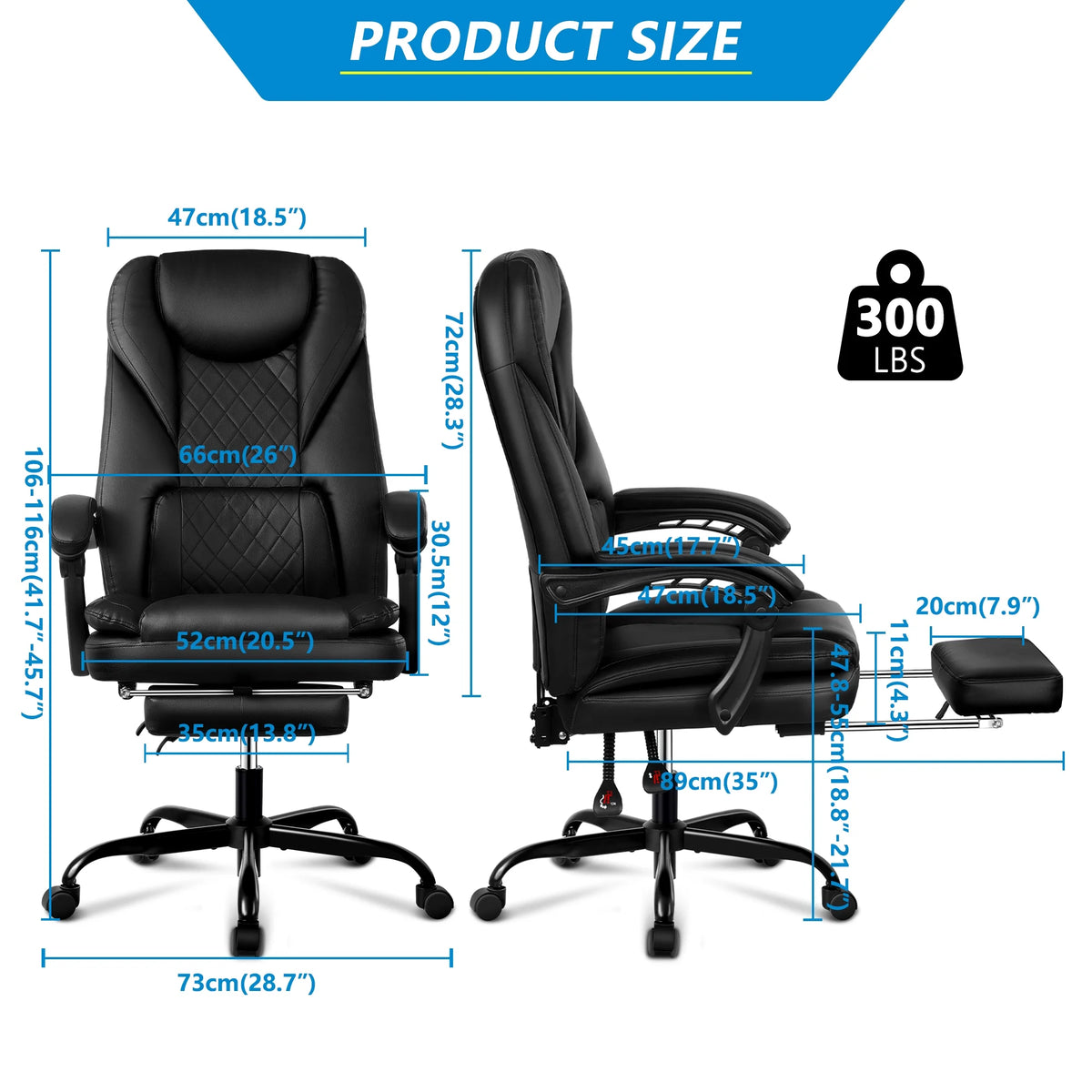 Big and Tall Black Leather Reclining Office Chair with Foot Rest M291