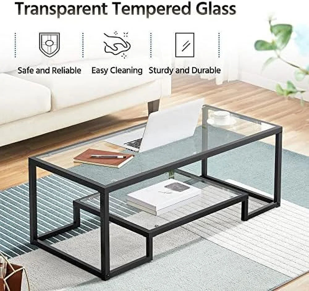 Tempered Glass Coffee Table Set of 3 Pieces Black R126