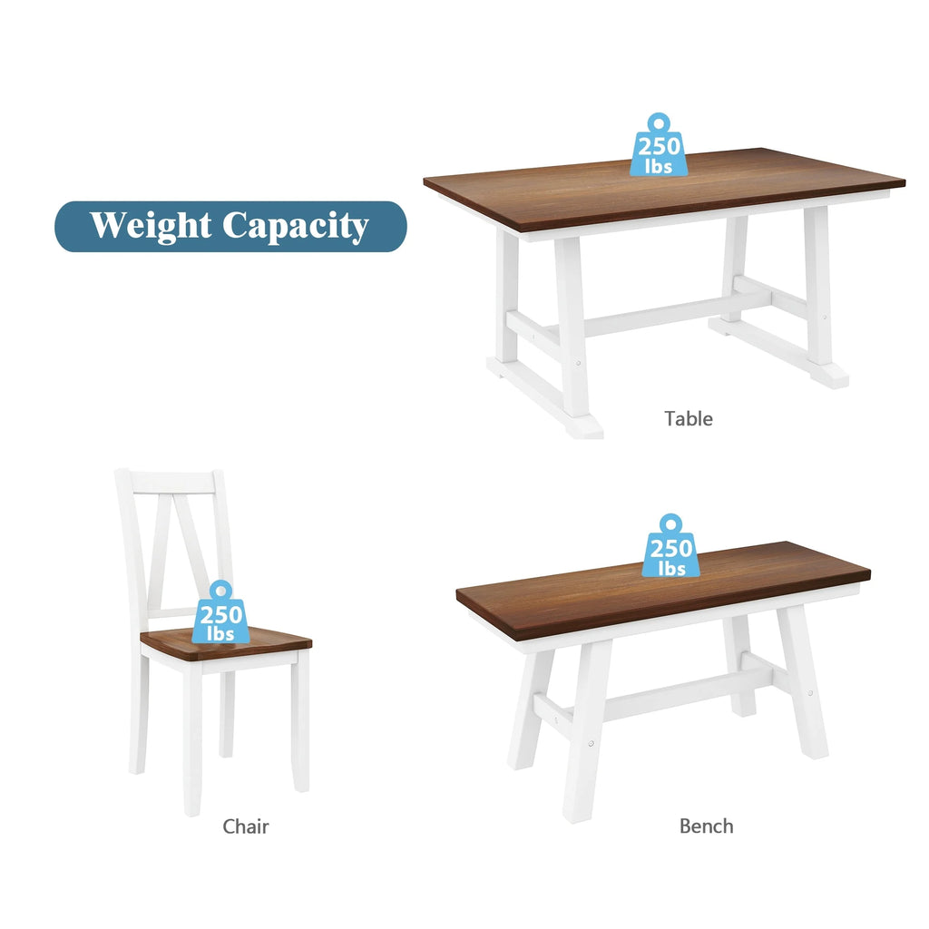 White 6-Piece Wood Dining Table Set with Bench and Chairs J557