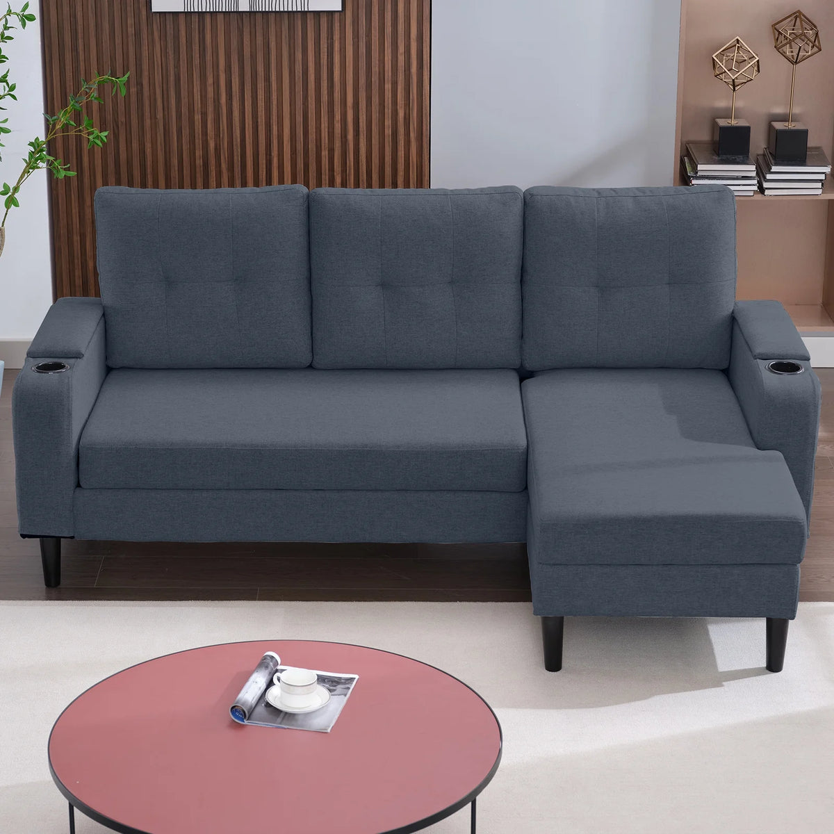 Dark Grey L-Shape Sleeper Sofa with Storage Armrest R769618