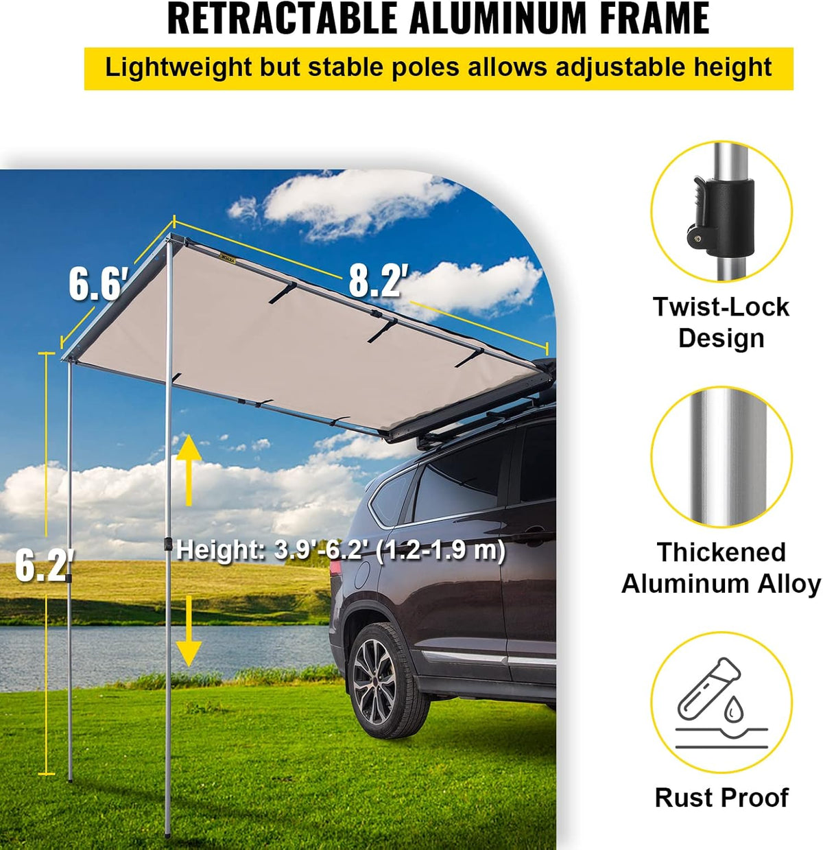6.6'x8.2' Waterproof UV50+ Retractable Car Side Awning with Carry Bag Z762