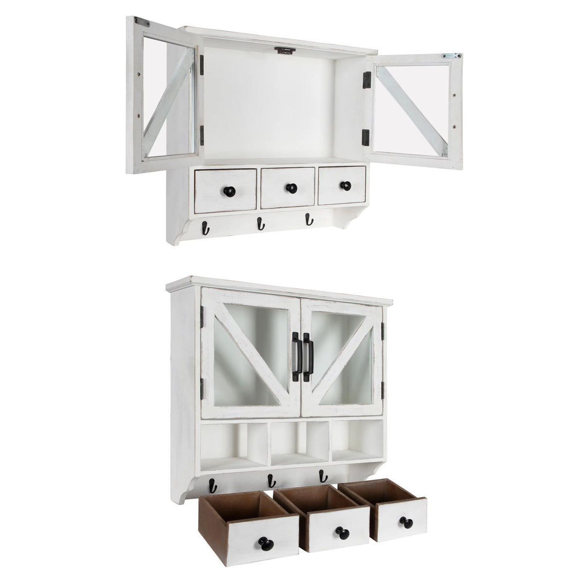 Rustic Wood Wall Cabinet with Magnetic Doors and Three Pull-Out Drawers J775361