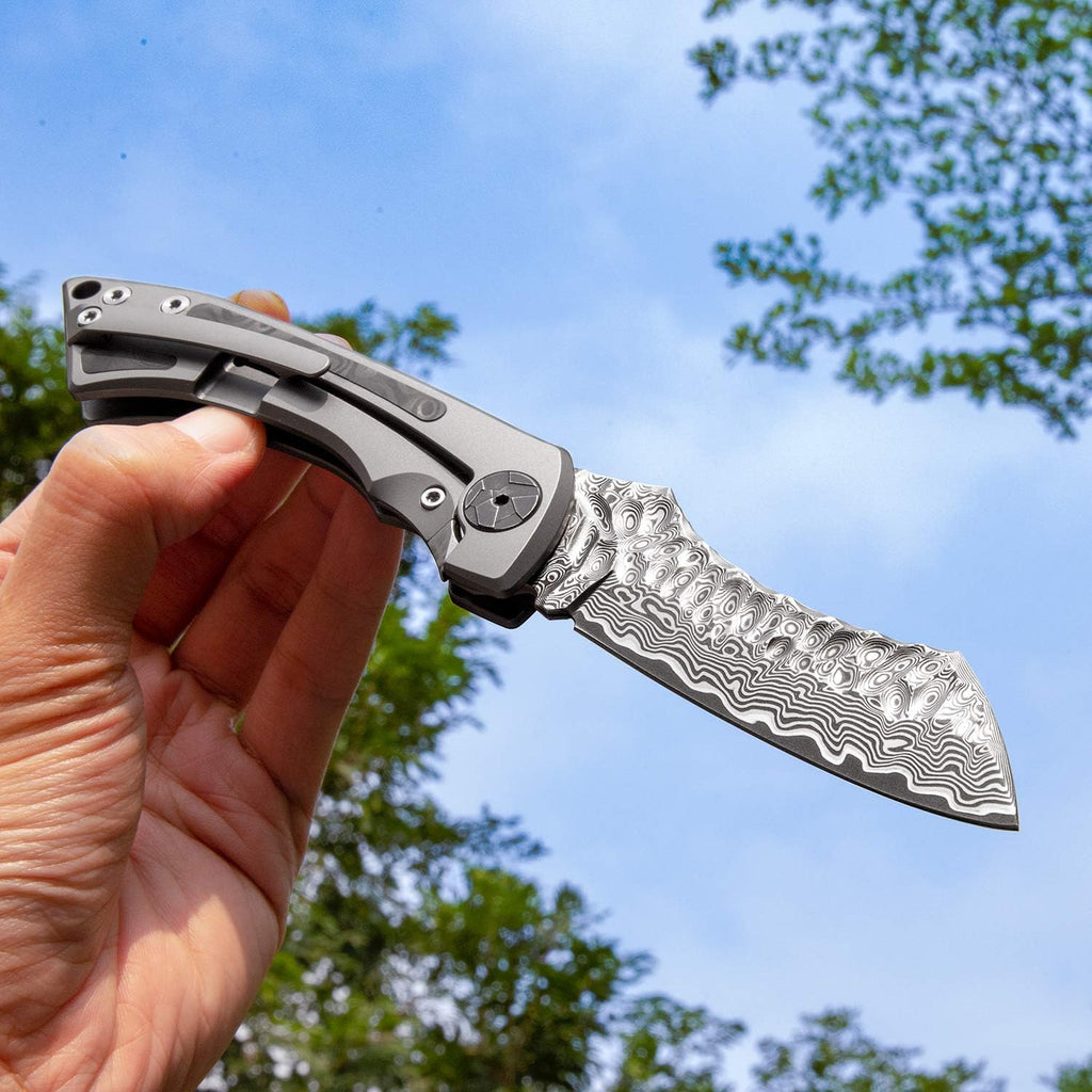 Damascus Steel Folding Pocket Knife with Leather Sheath T9304