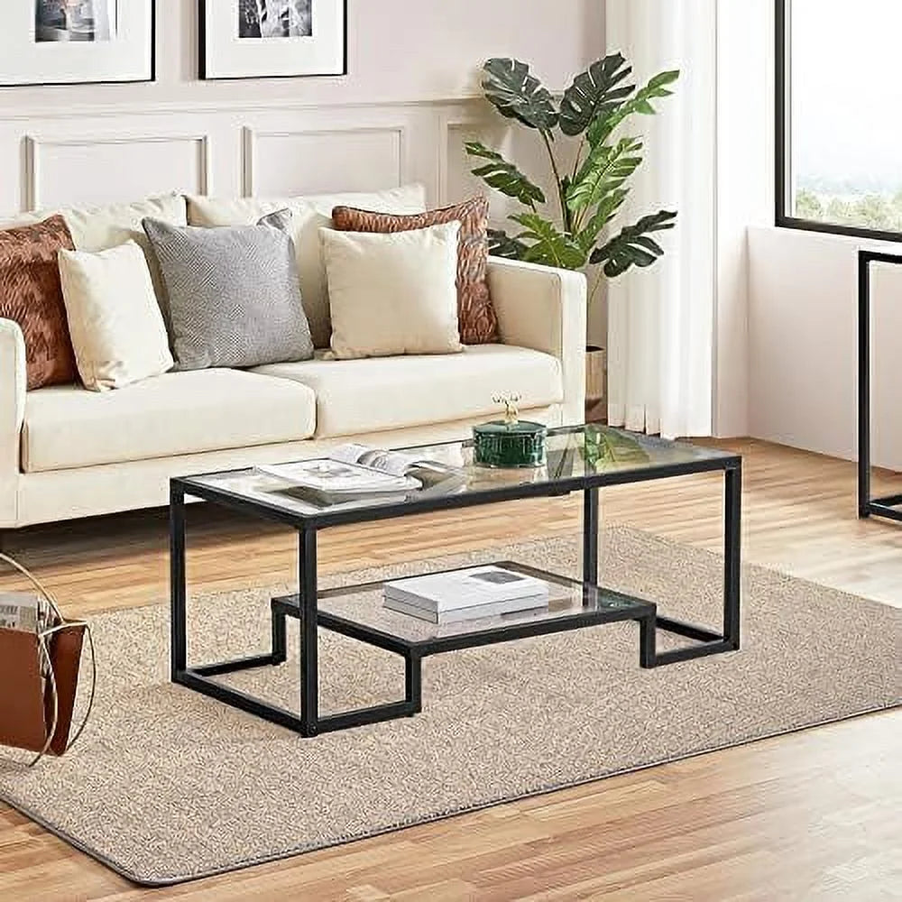 Tempered Glass Coffee Table Set of 3 Pieces Black R126