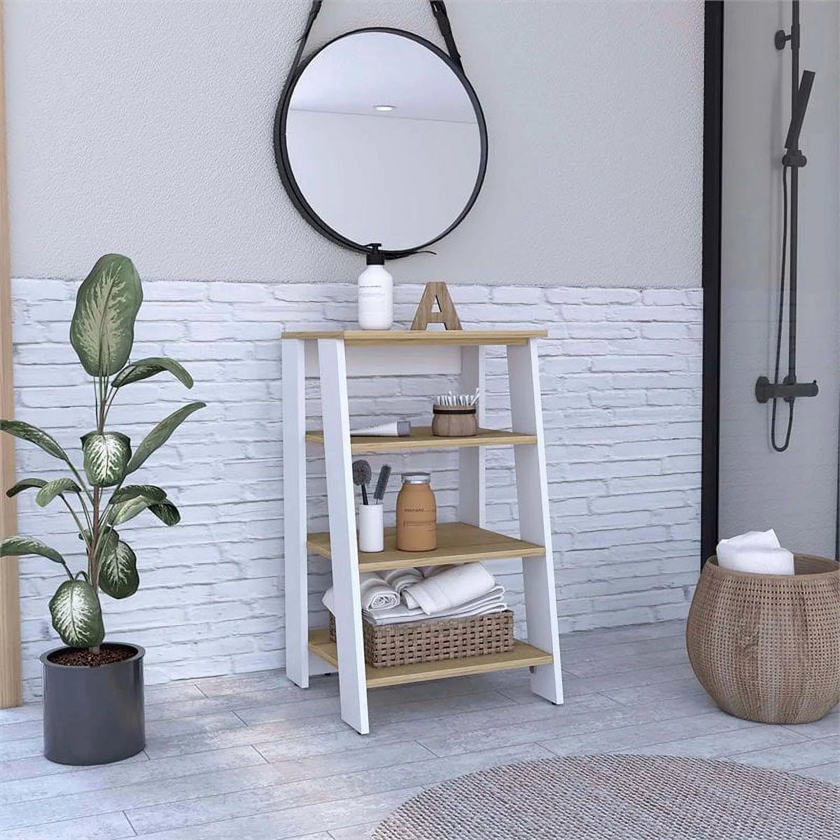 Modern Wood Linen Cabinet with 4-Shelf in Light Oak/White L5279