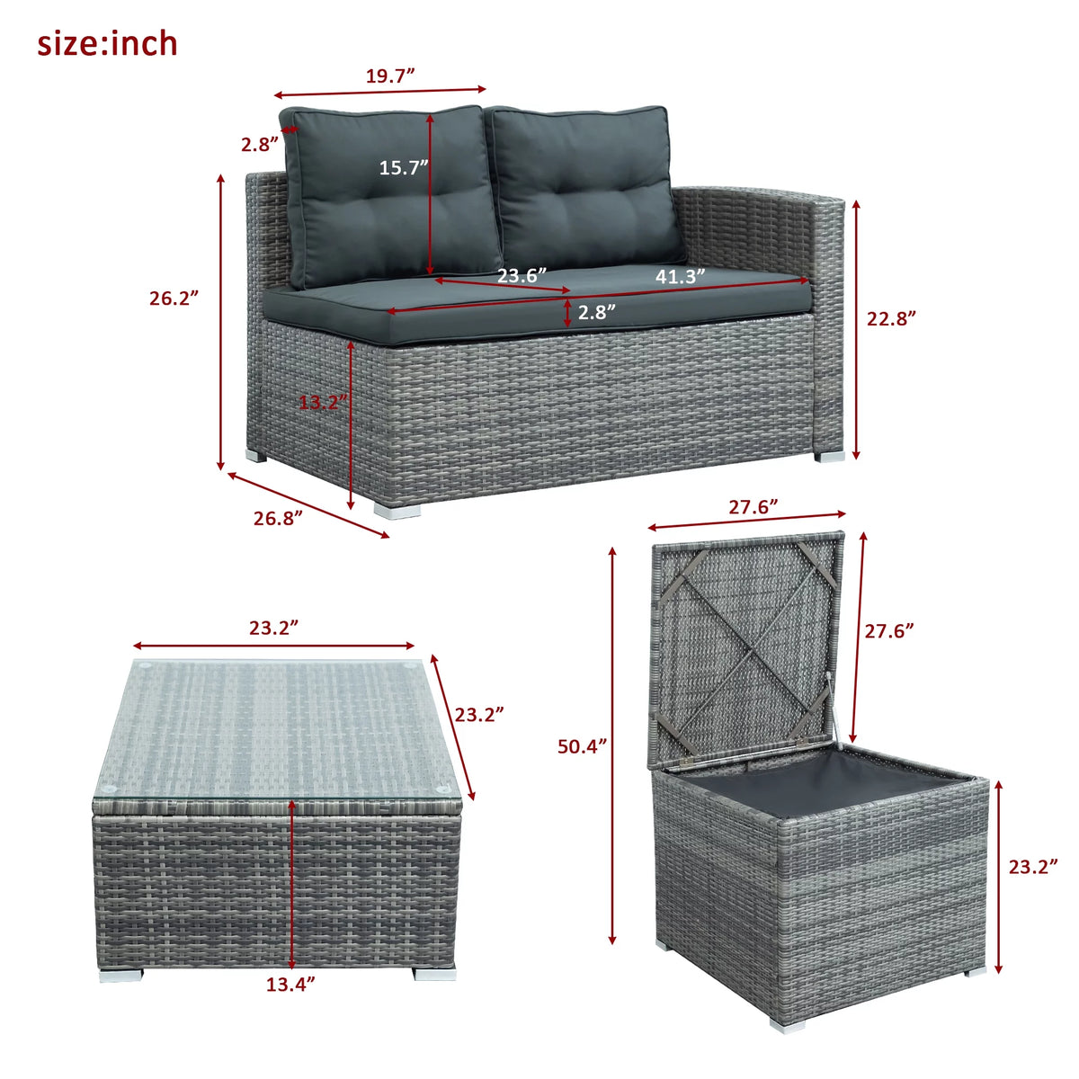 4 Pieces Patio Wicker Sofa Set with Cushions and Coffee Table M438108
