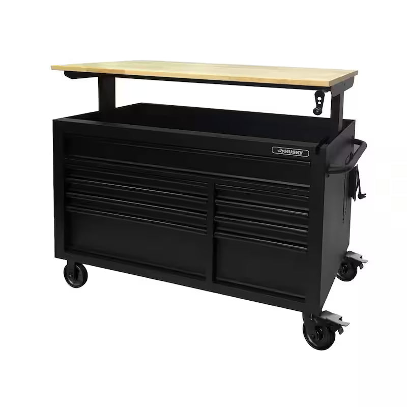 Heavy Duty 9-Drawer Mobile Workbench Cabinet with Hardwood Top in Matte Black N400