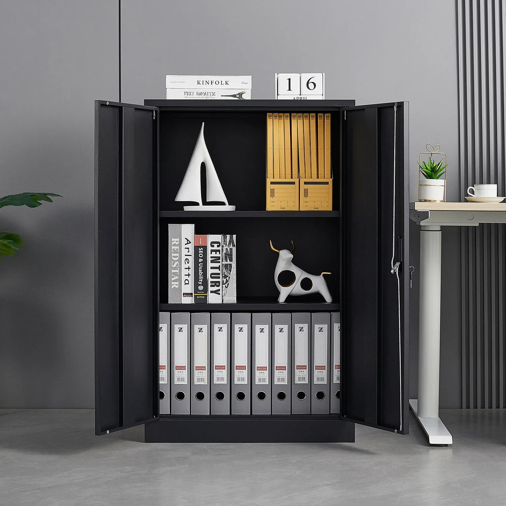 Black Lockable Foldable Steel Storage Cabinet with 2 Adjustable Shelves O4654