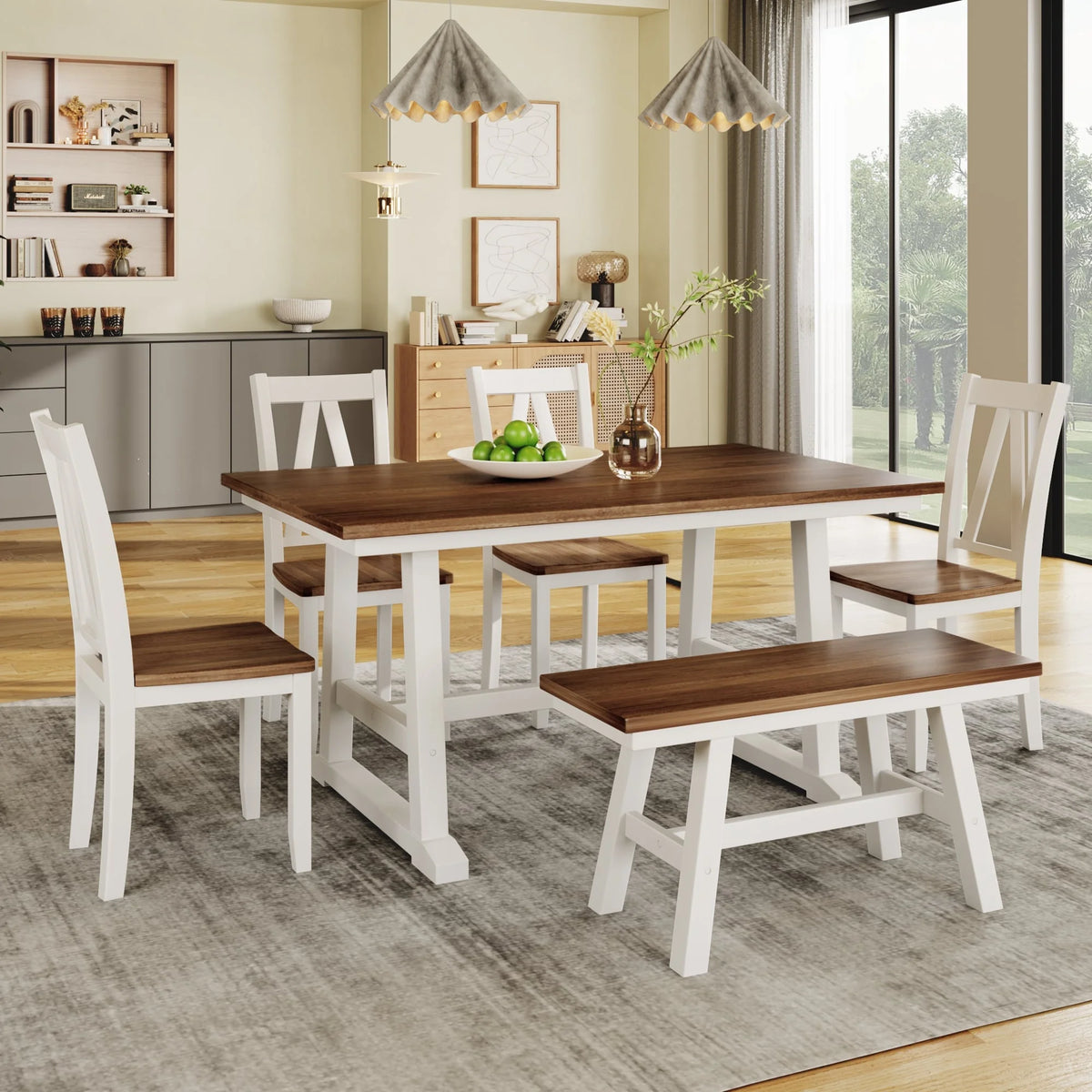 White 6-Piece Wood Dining Table Set with Bench and Chairs J557