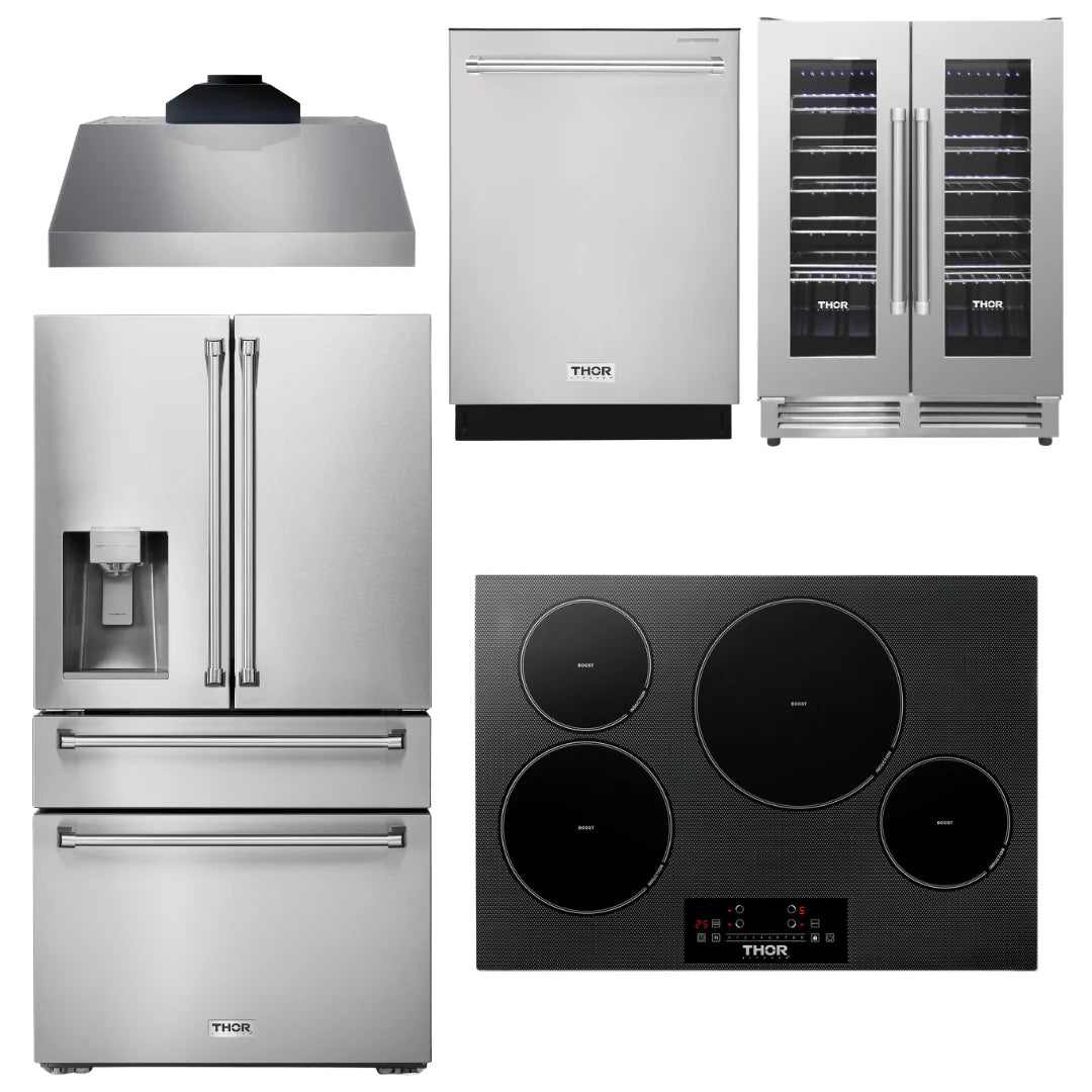 30 Induction Cooktop, Range Hood, Refrigerator, Dishwasher, Wine Cooler R963