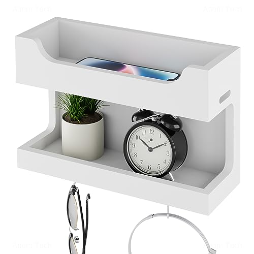 Wall Mounted Wooden Bedside Organizer, Double Tray Storage Shelf Rack with Magnetic Hooks (White) O67248