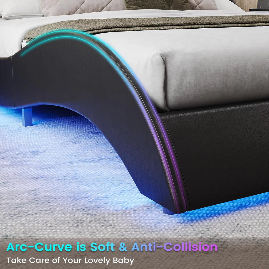 King Size Faux Leather Platform Bed Frame with Headboard and LED Lights C3901