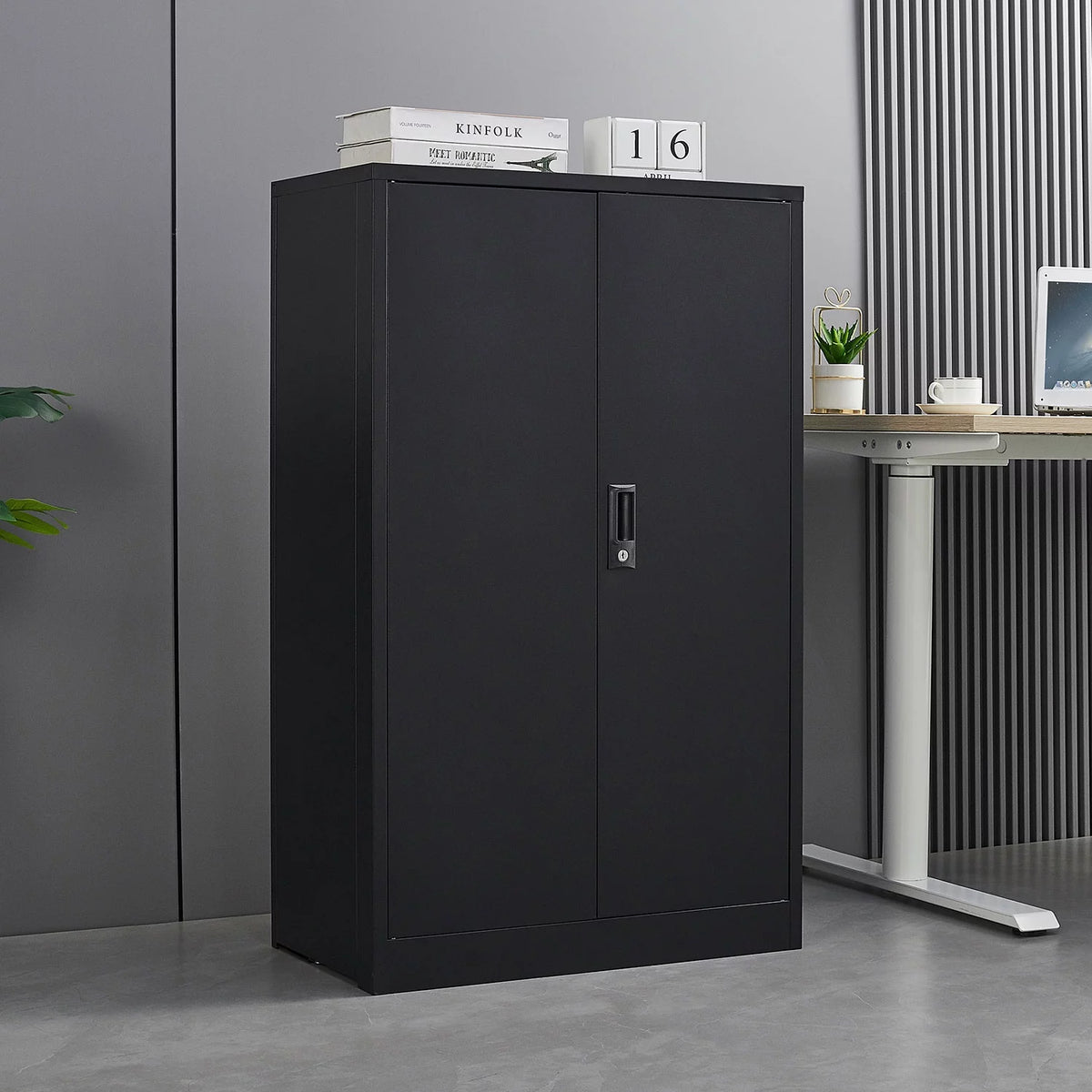 Black Lockable Foldable Steel Storage Cabinet with 2 Adjustable Shelves O4654