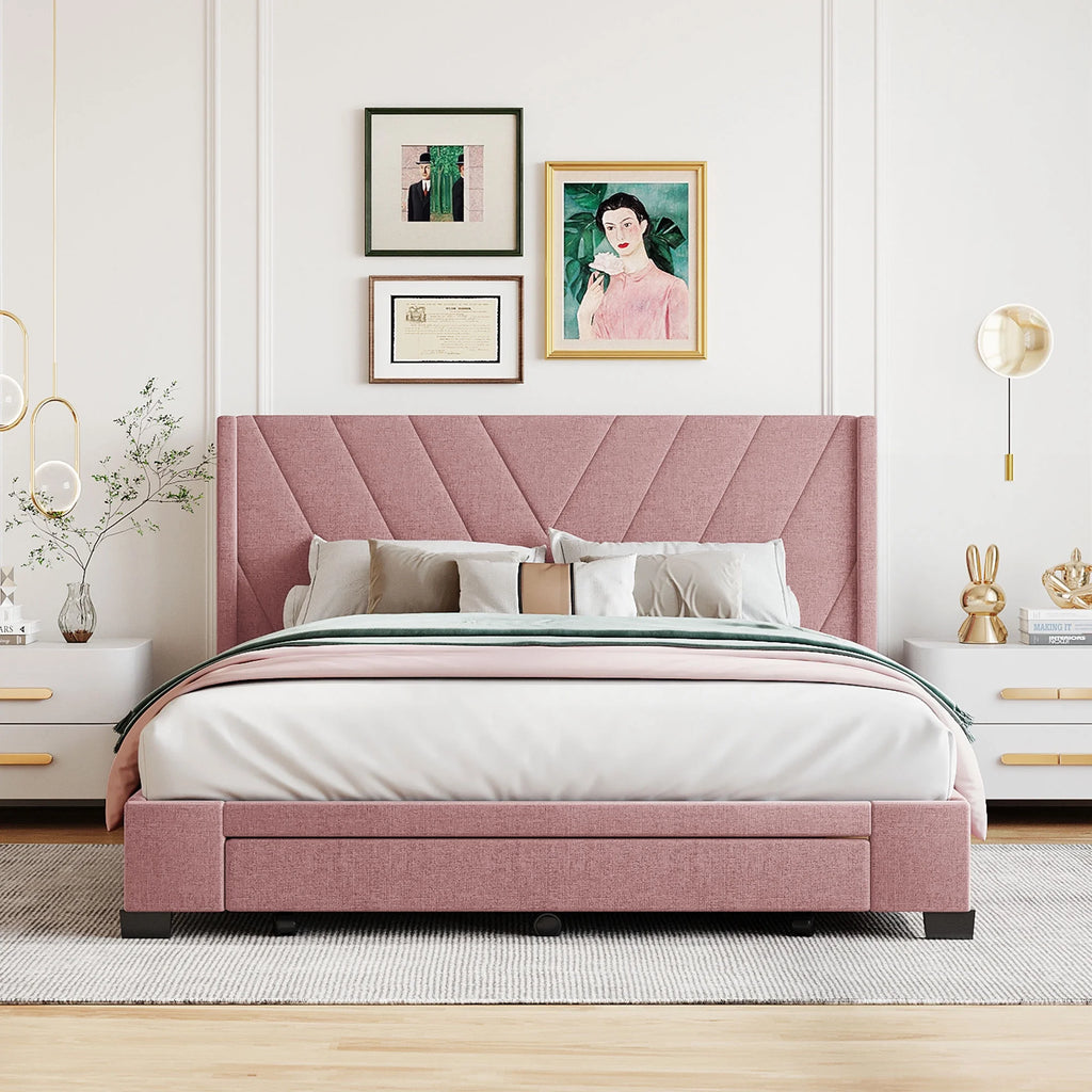 Queen Size Pink Linen Upholstered Platform Bed with 3 Storage Drawers Z18190