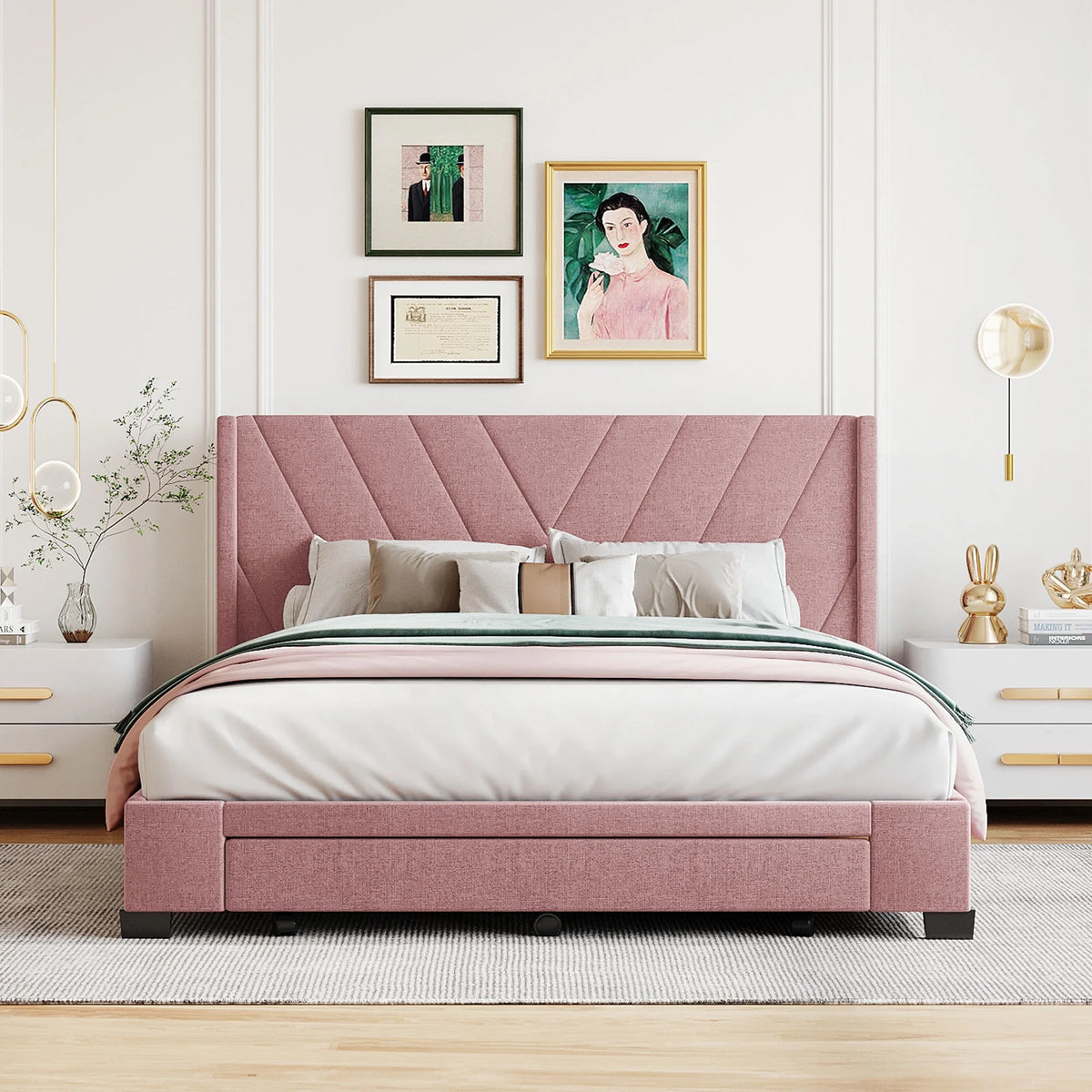 Queen Size Pink Linen Upholstered Platform Bed with 3 Storage Drawers Z18190