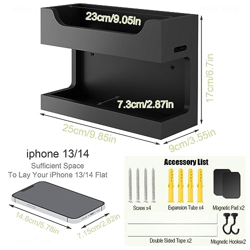 Wall Mounted Wooden Bedside Organizer, Double Tray Storage Shelf Rack with Magnetic Hooks (White) O67248