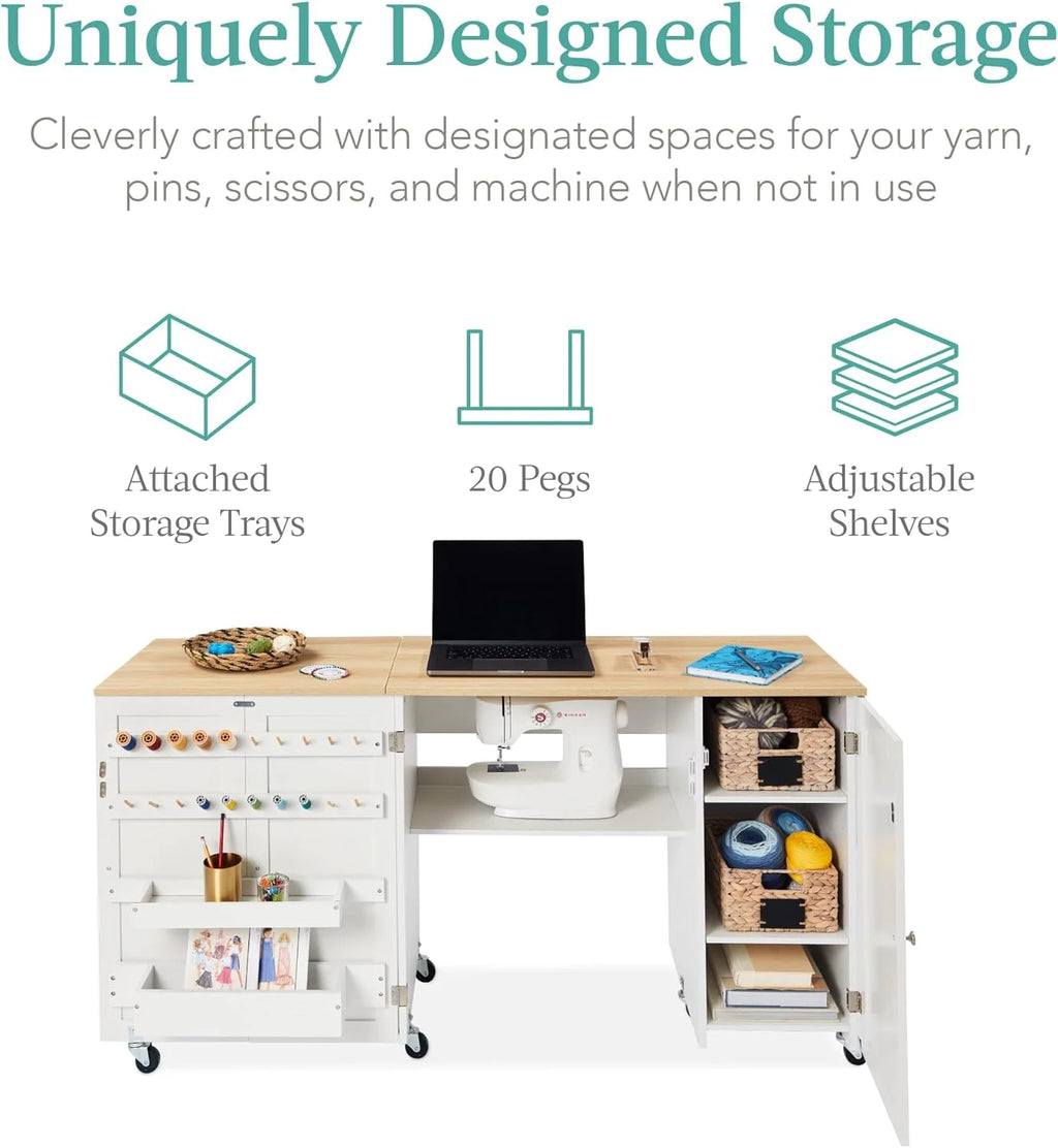 Large White Folding Sewing Table with Caster Wheels G21983