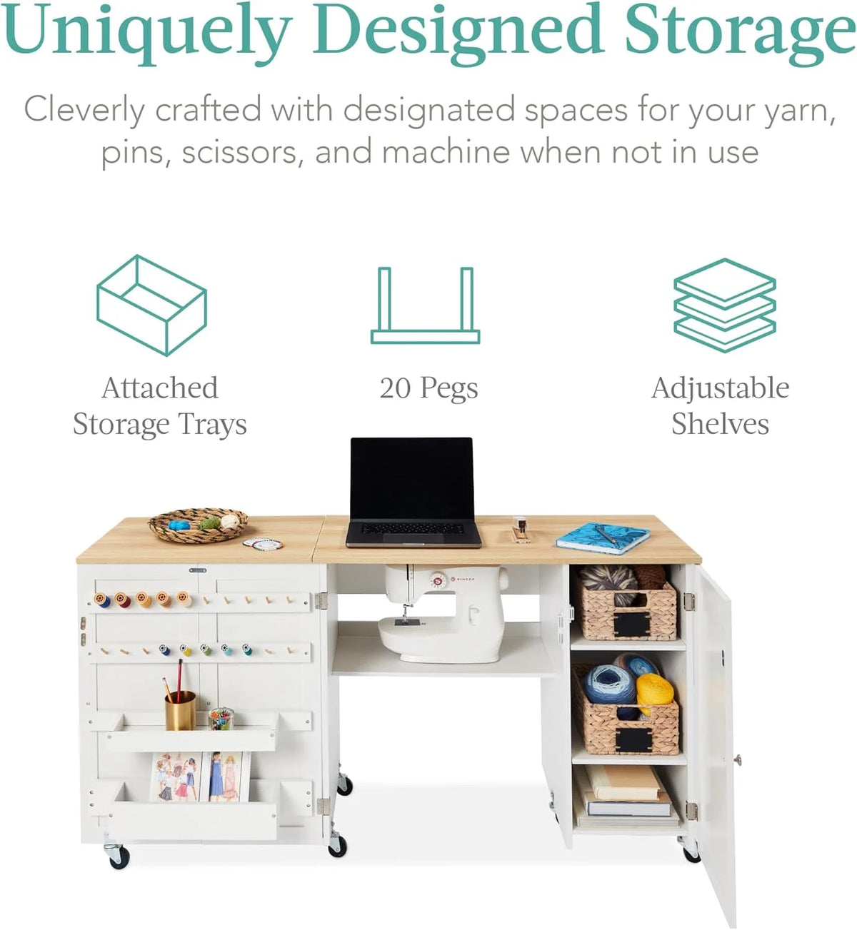 Large White Folding Sewing Table with Caster Wheels G21983