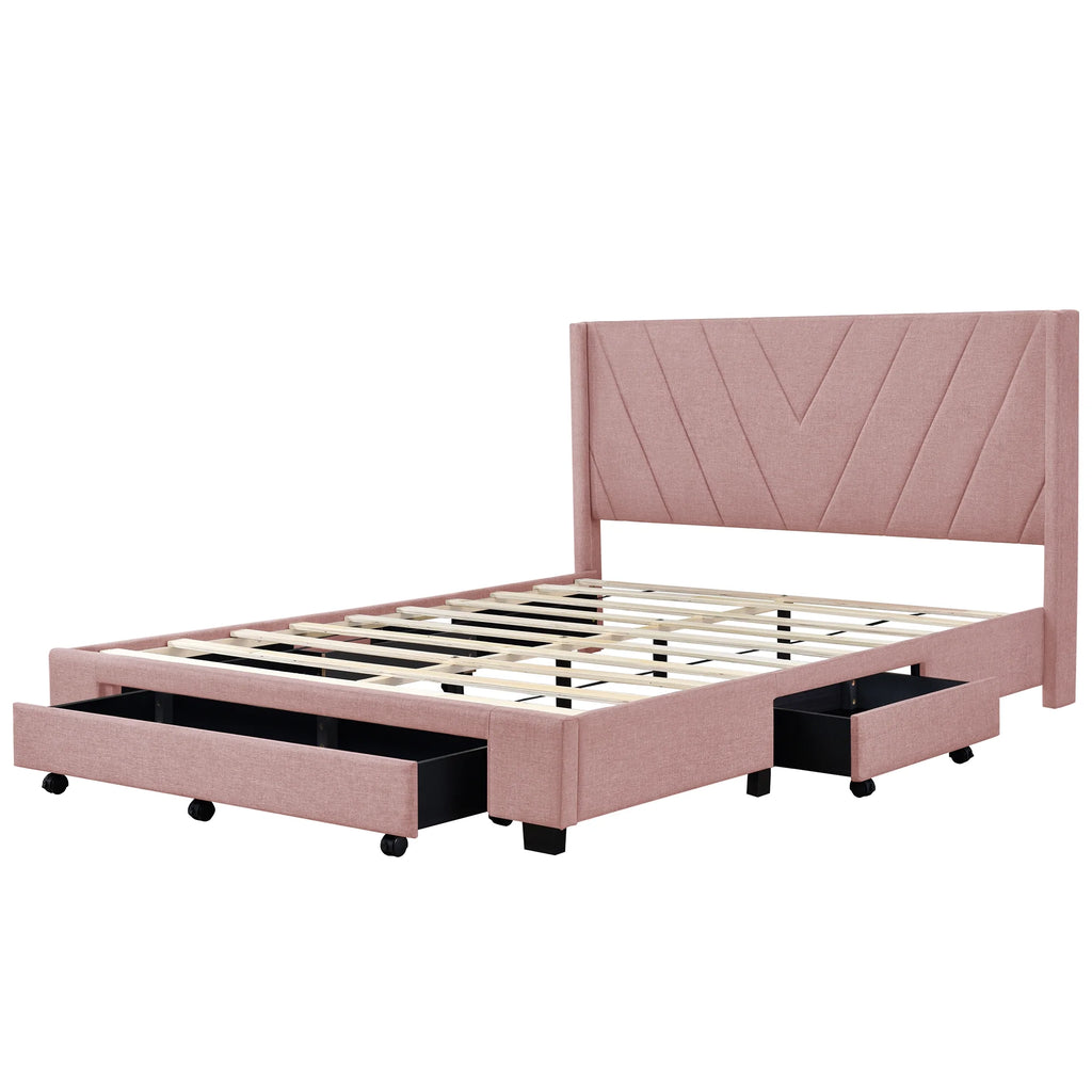 Queen Size Pink Linen Upholstered Platform Bed with 3 Storage Drawers Z18190