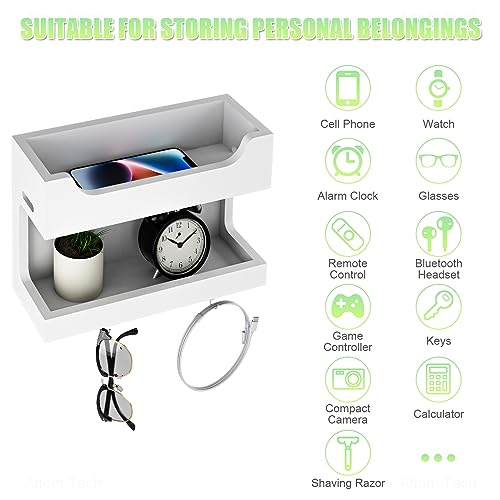 Wall Mounted Wooden Bedside Organizer, Double Tray Storage Shelf Rack with Magnetic Hooks (White) O67248