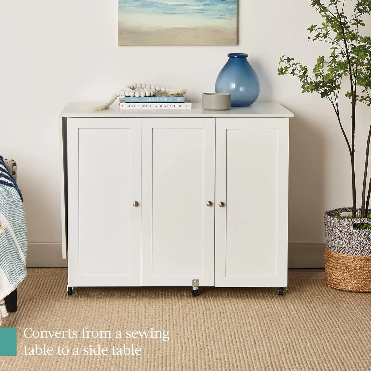 Large White Folding Sewing Table with Caster Wheels G21983