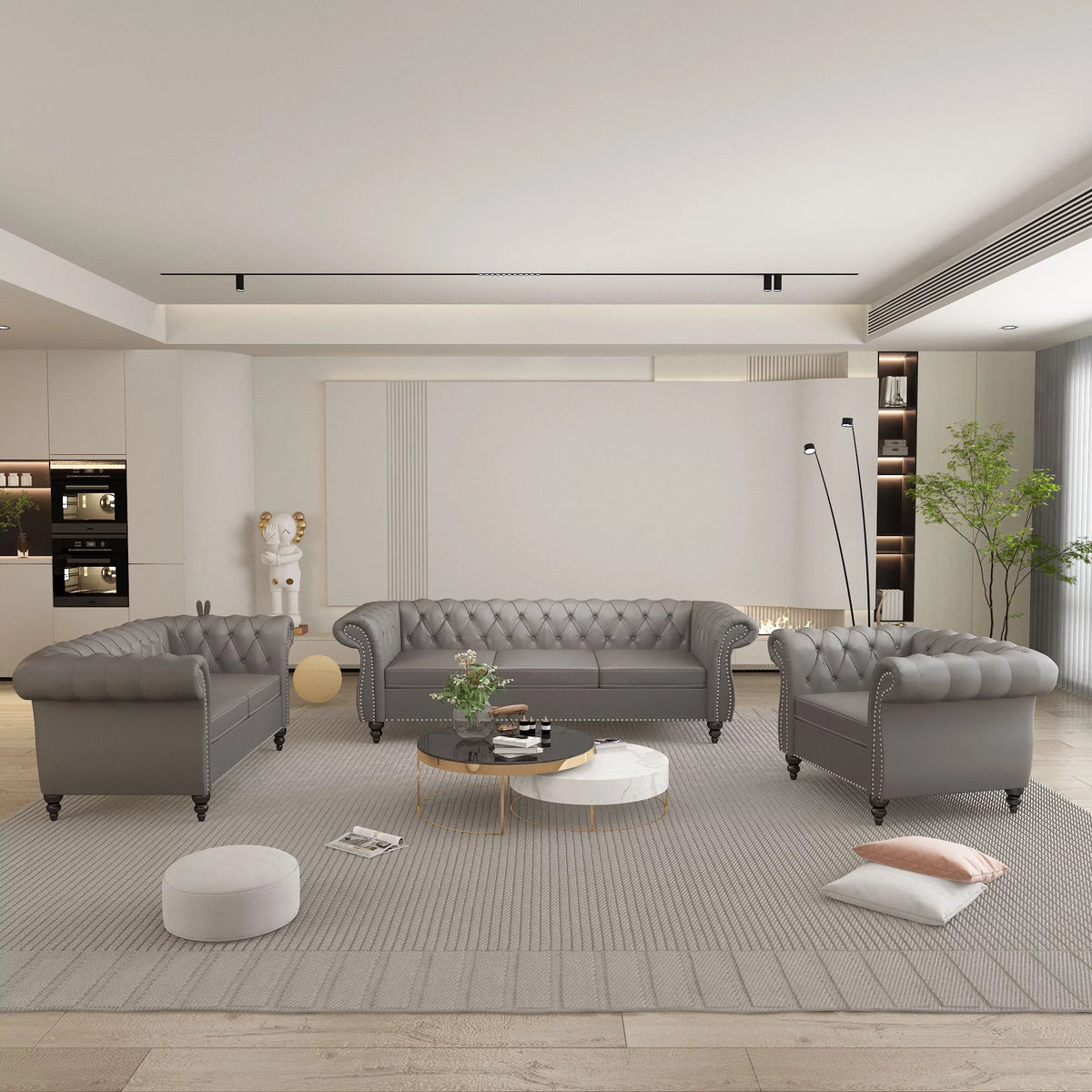 Gray 3 Piece Faux Leather Sofa Set J5569