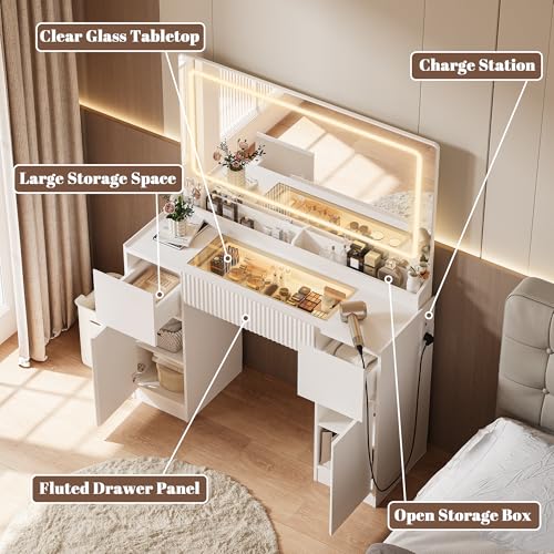 44" Pure White Vanity Desk with Mirror and Lights, 3 Drawers and 2 Cabinet U1502