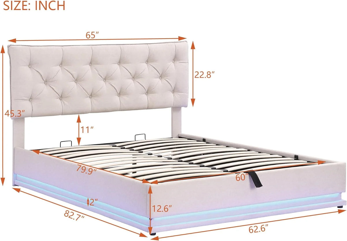 Queen Size Upholstered Lift Up Storage LED Bed with Tufted Headboard Beige Linen I42322