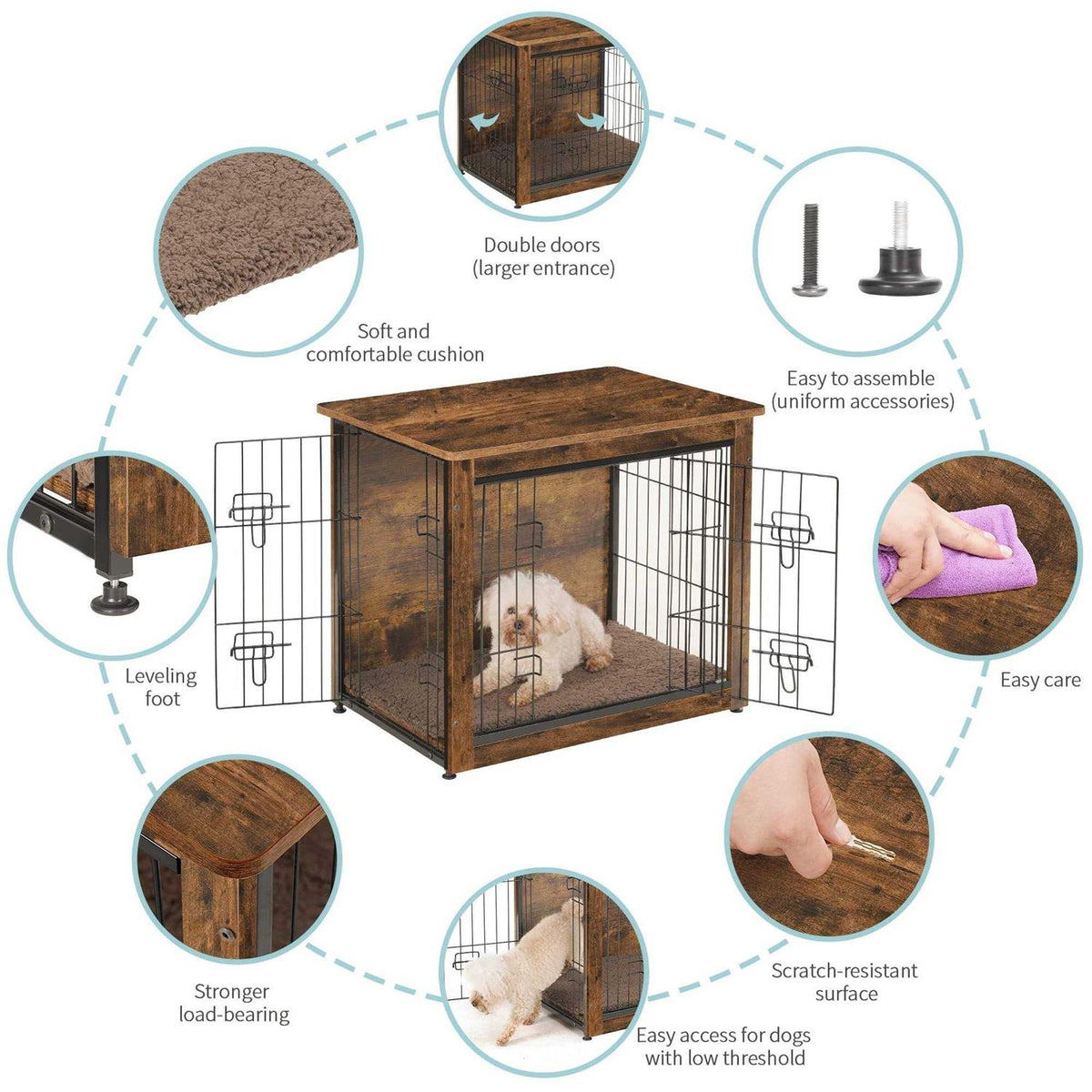Wooden Dog Crate Furniture with Cushion and Double Doors O1684