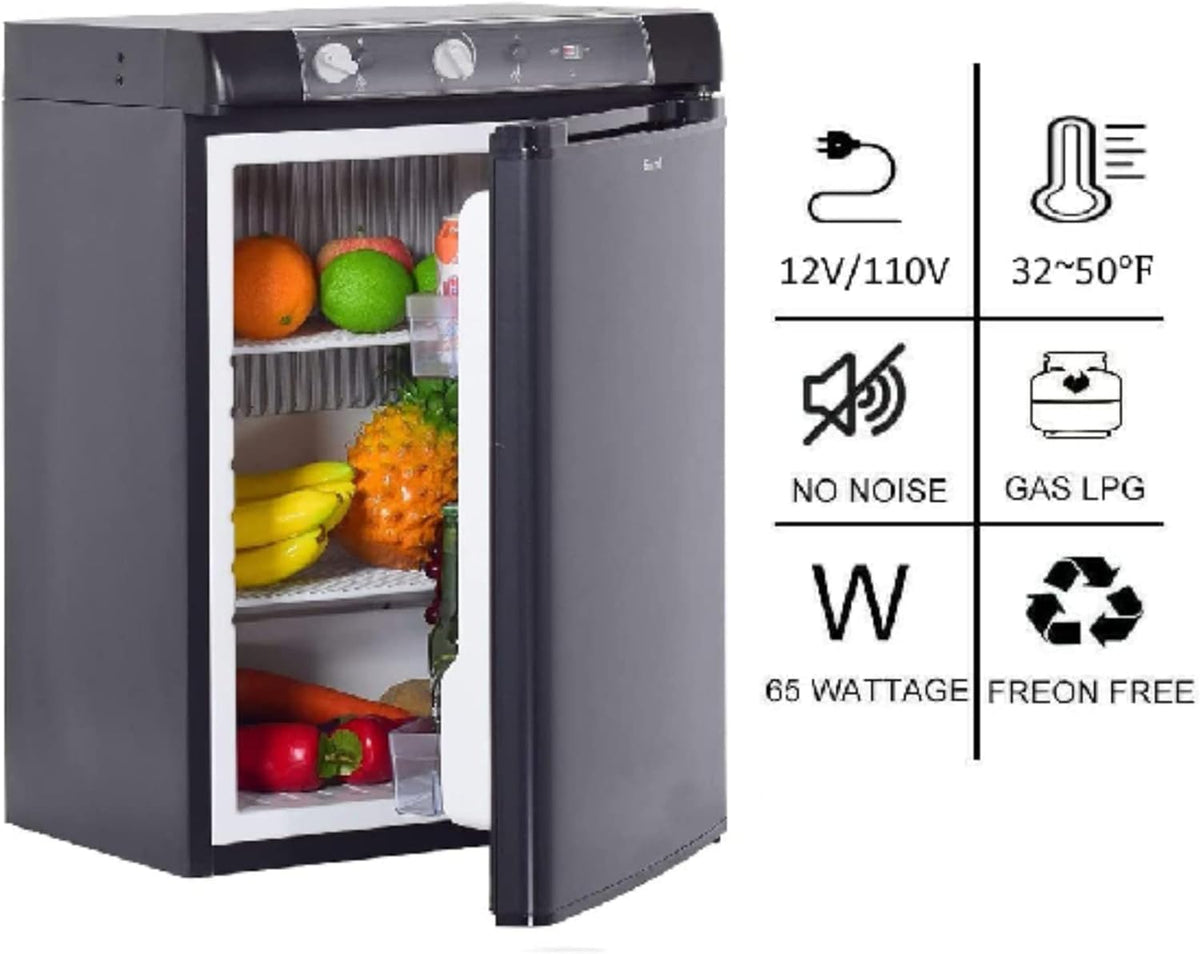 3 Way Propane Fridge 120V 12V LPG Gas Refrigerator Black 2.1 Cu.ft. Y32623