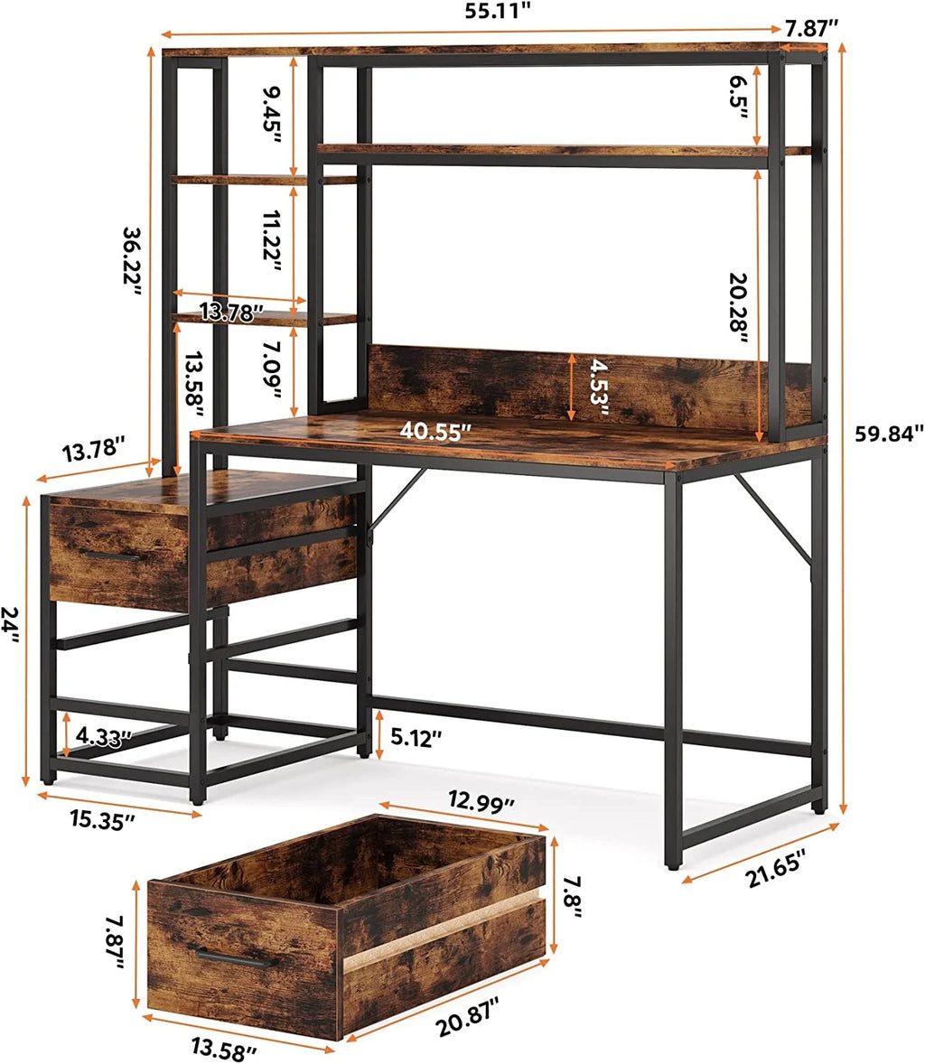 55 Inch Computer Desk with 2 Drawers and Storage Shelves T71411