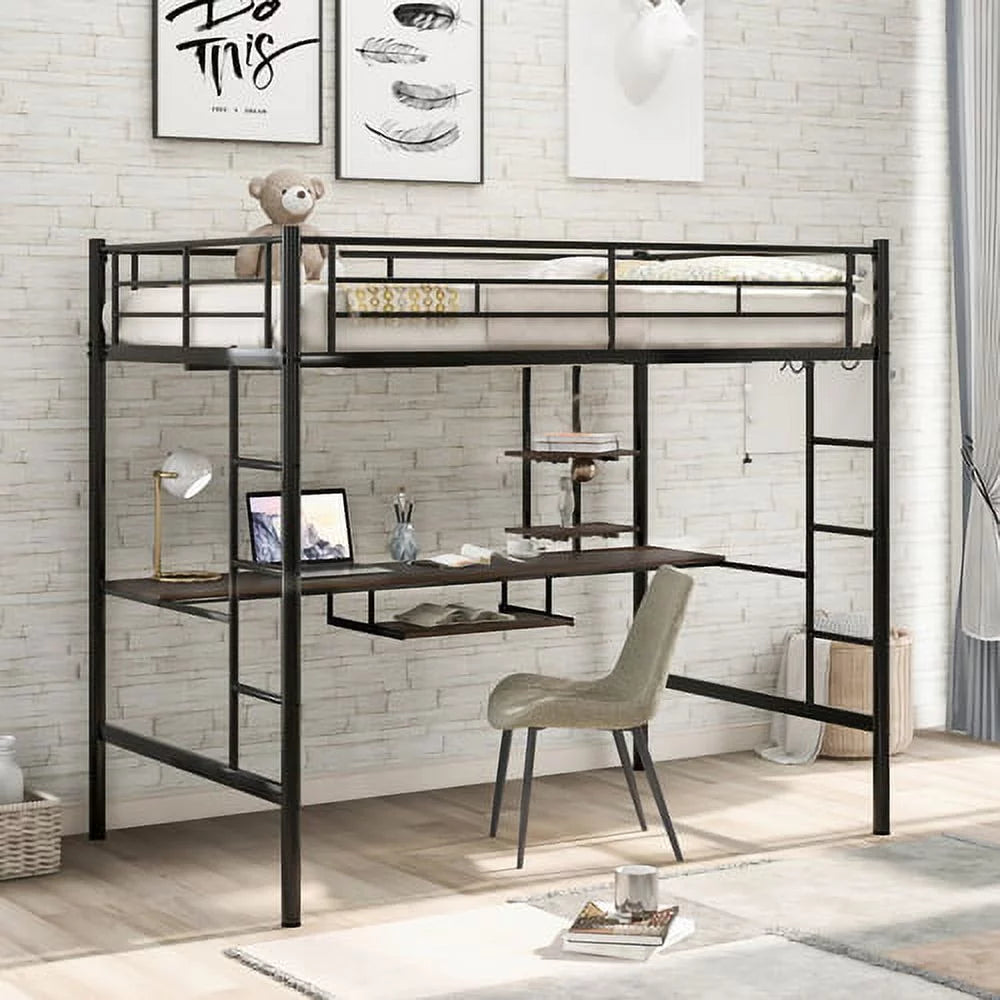 Full Black Loft Bed with Desk and Shelf E203